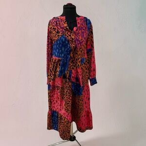 Joh. Colorblock Animal-Print Long Sleeve Midi Dress in Pink, Blue & Orange NWT